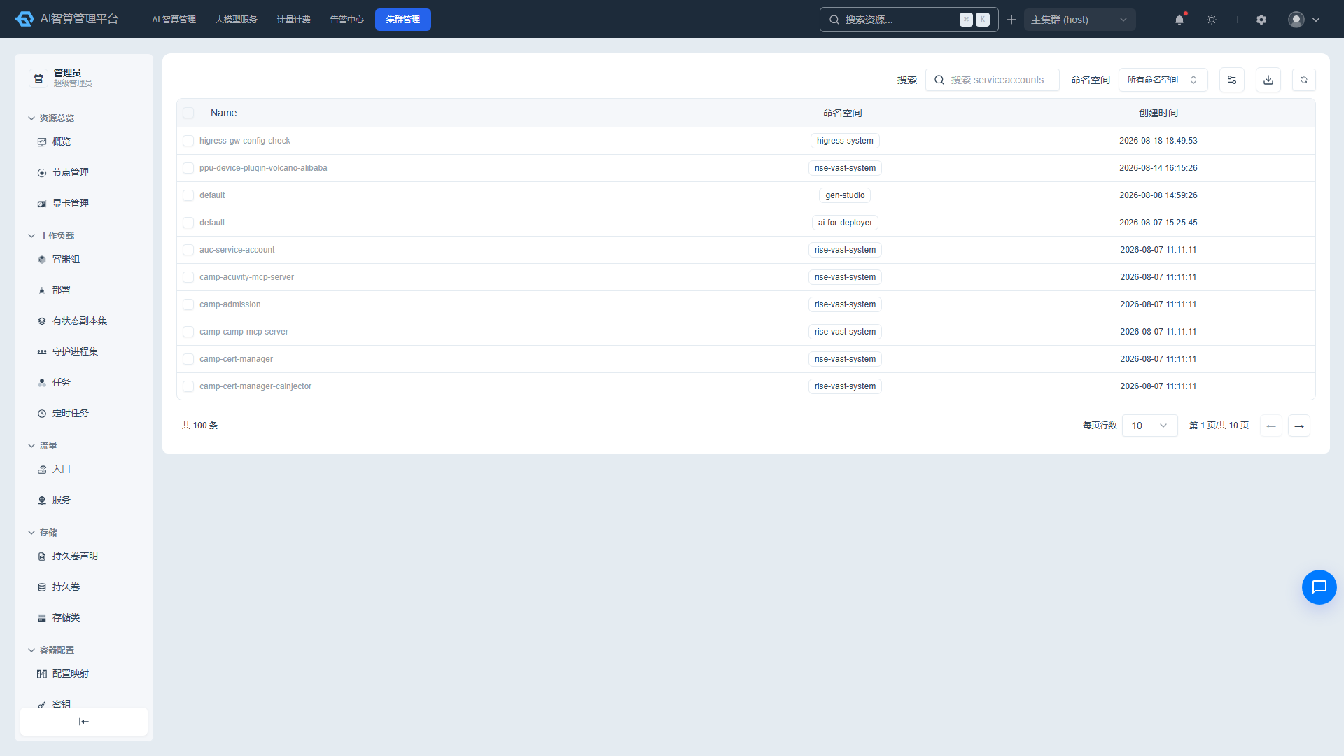 ServiceAccount 列表页